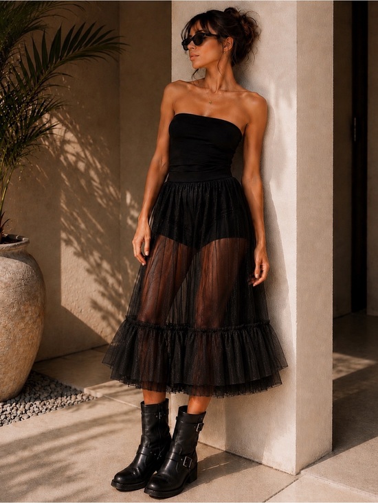Goldie Dresses & Skirts - Goldie Lewinter Tulle Skirt Black Sheer Midi Overlay Ruffle Hem XS NWT